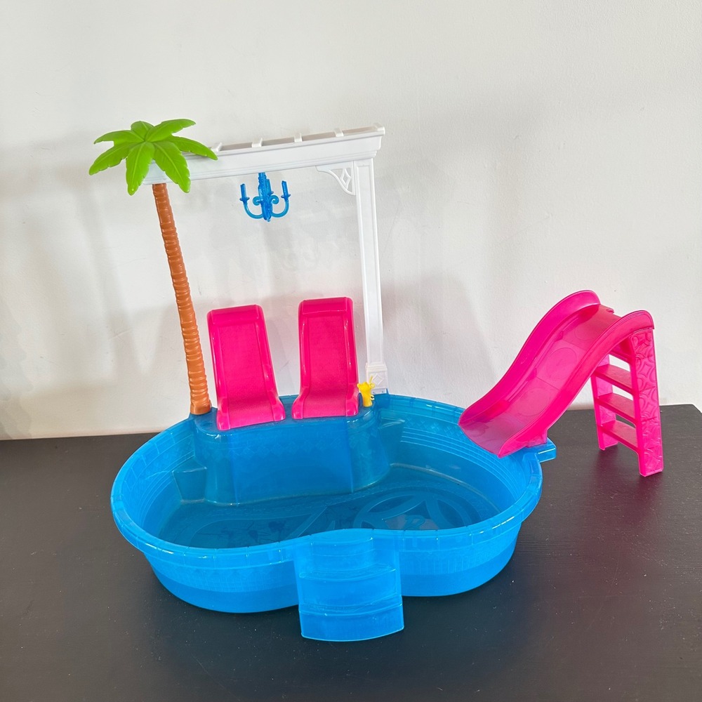 Barbie Glam Pool Playset with Slide Palm Tree and Chandelier Pink Blue R6802